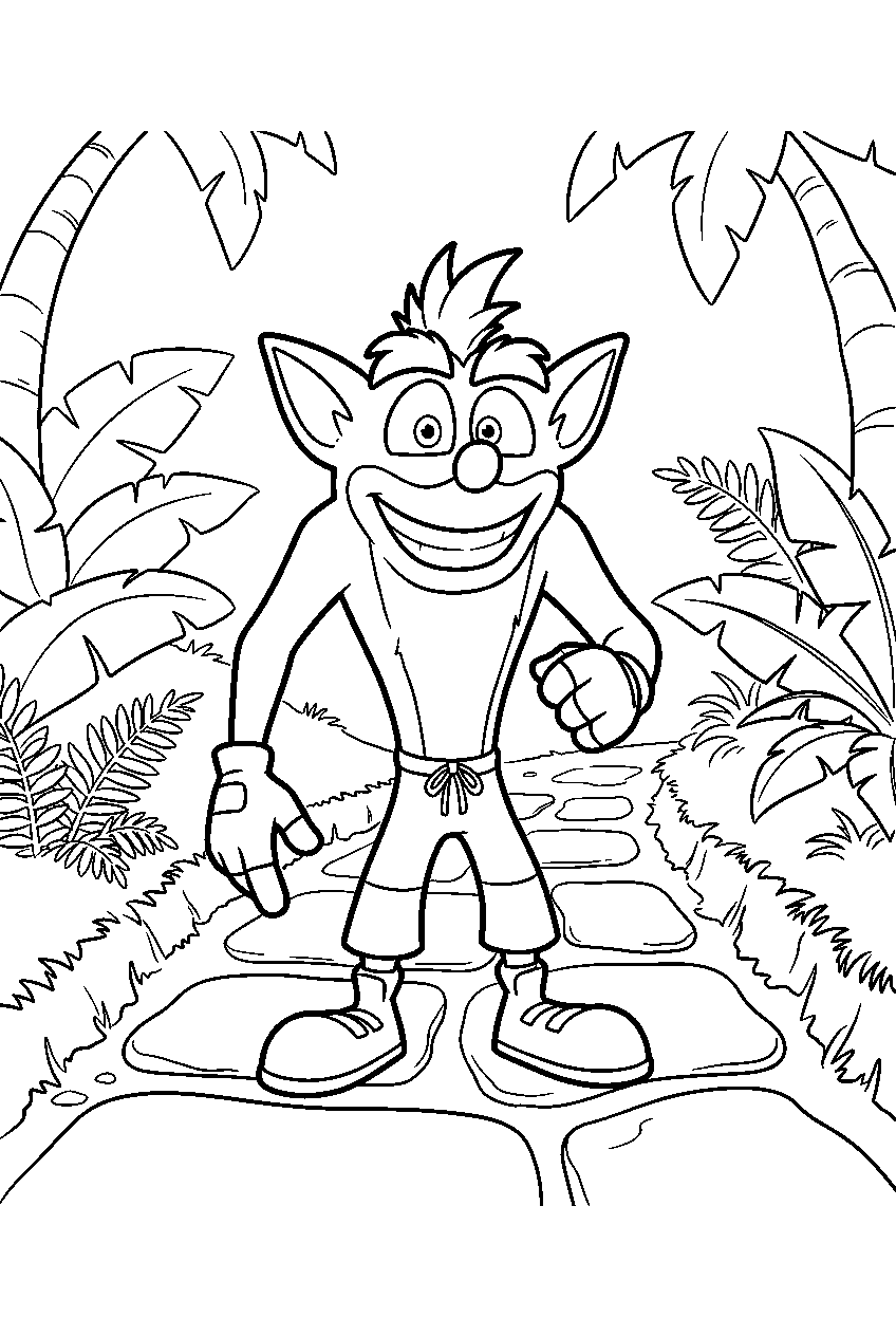 crash bandicoot in jungle pathway line art
