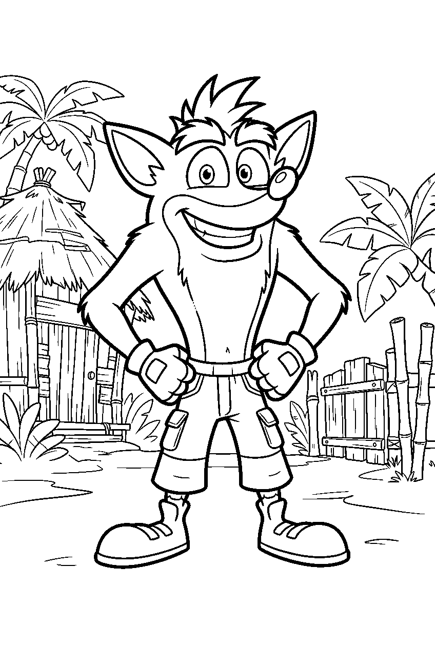 crash bandicoot in jungle village line art