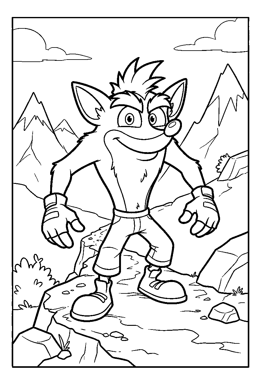 crash bandicoot in mountain trail line art
