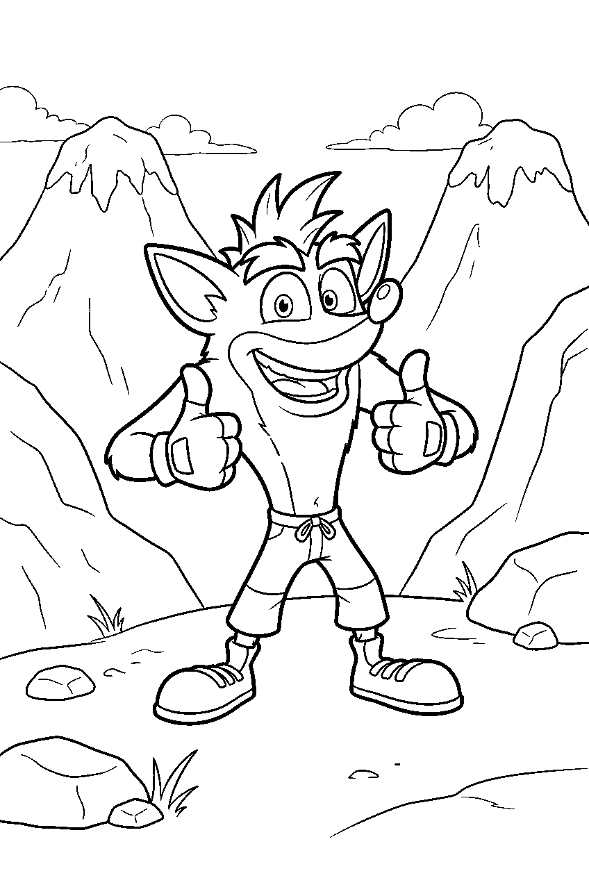 crash bandicoot in mountain valley line art