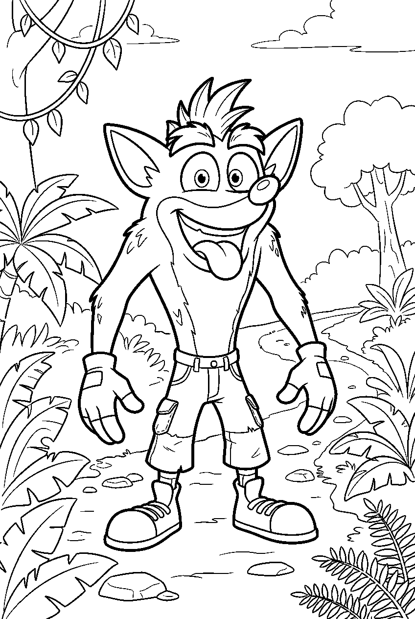 crash bandicoot in rainforest trail line art