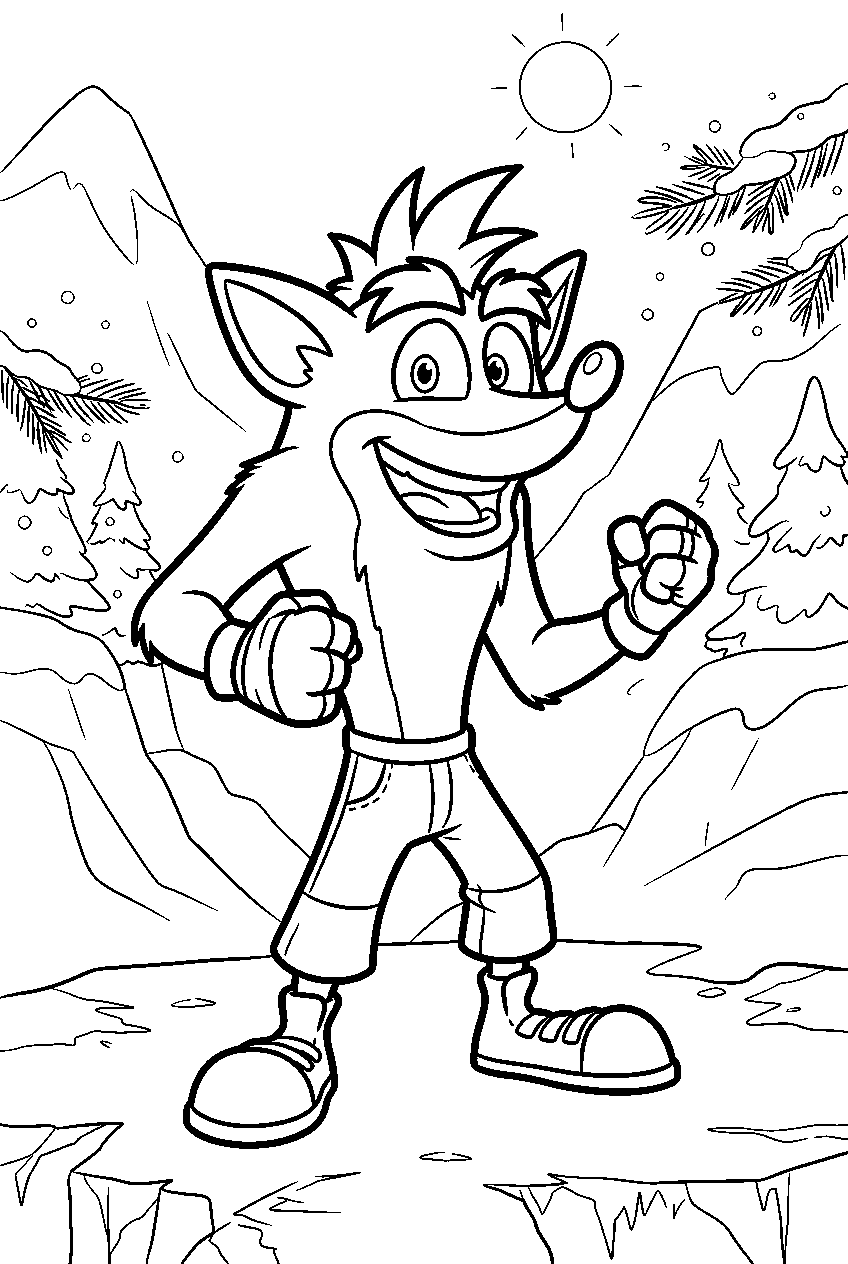 crash bandicoot in snowy mountain line art