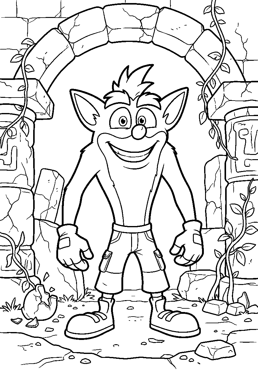 crash bandicoot in stone ruins line art