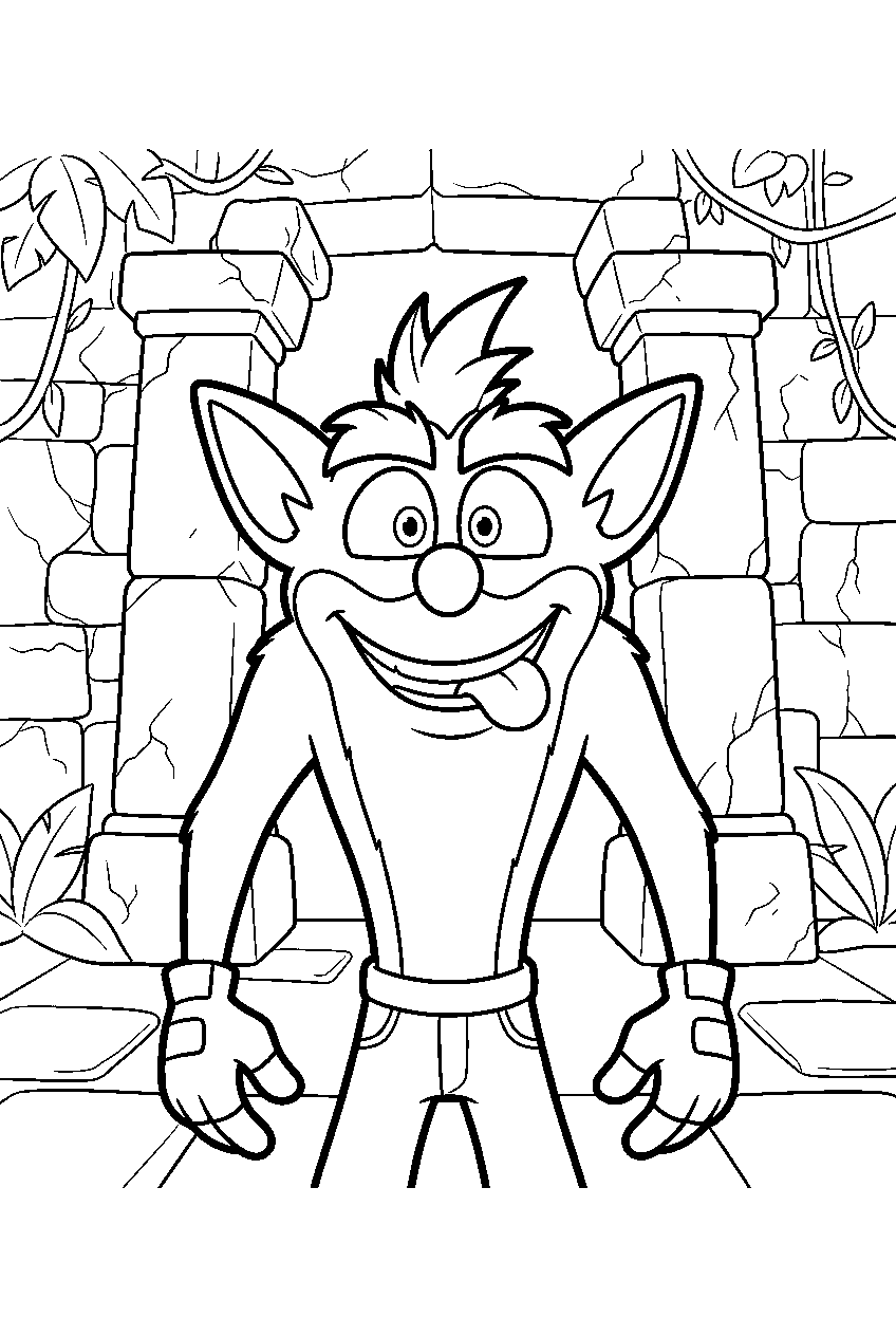 crash bandicoot in temple ruins line art