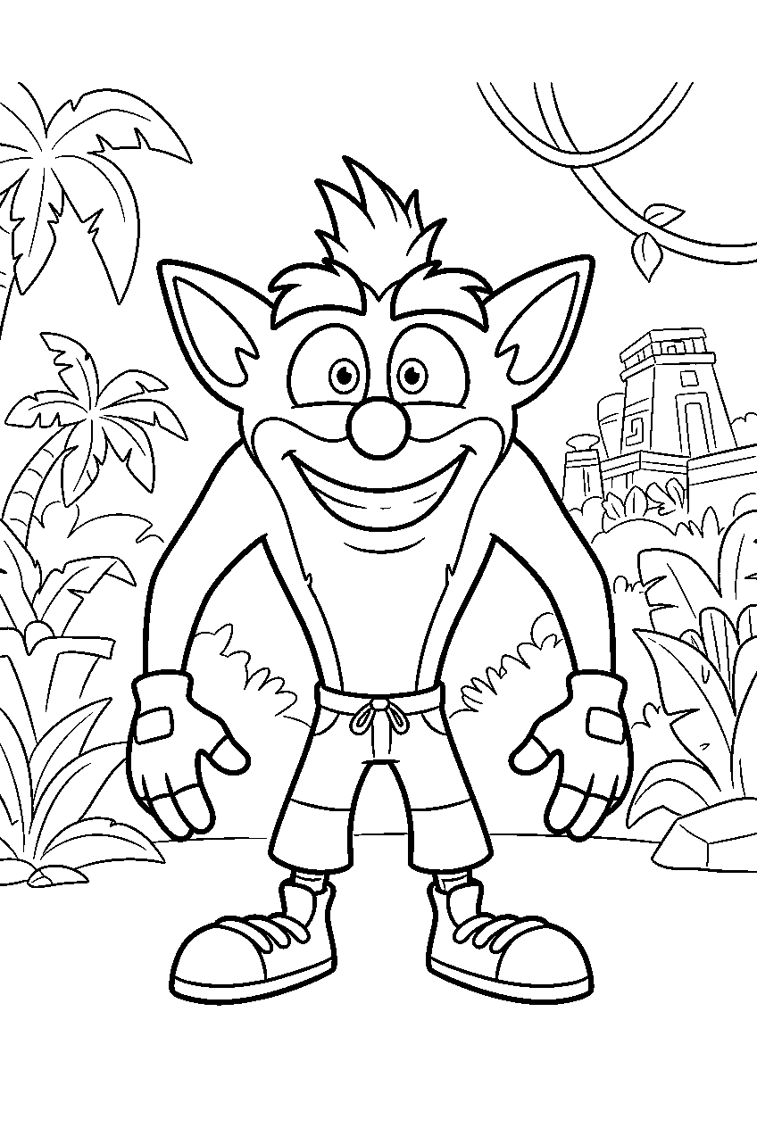 crash bandicoot in tropical jungle line art