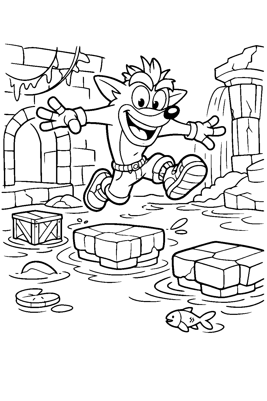 crash bandicoot jumping between platforms inside flooded ruins halls line art