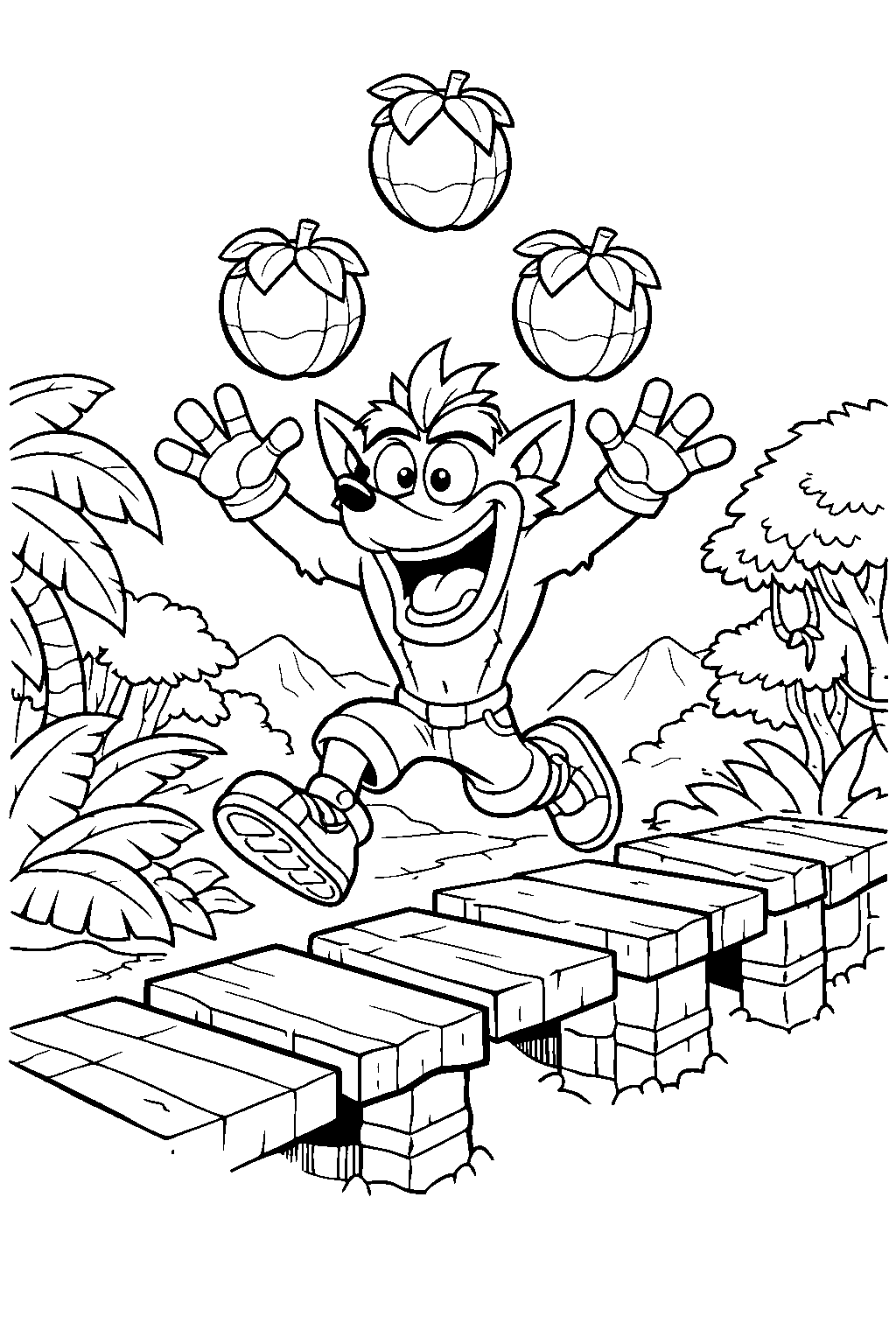 crash bandicoot jungle bridge wumpa fruit line art