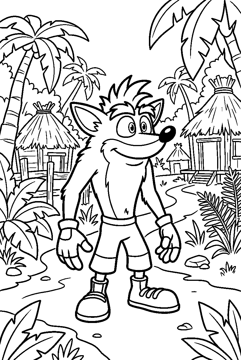 crash bandicoot looking around in jungle village line art