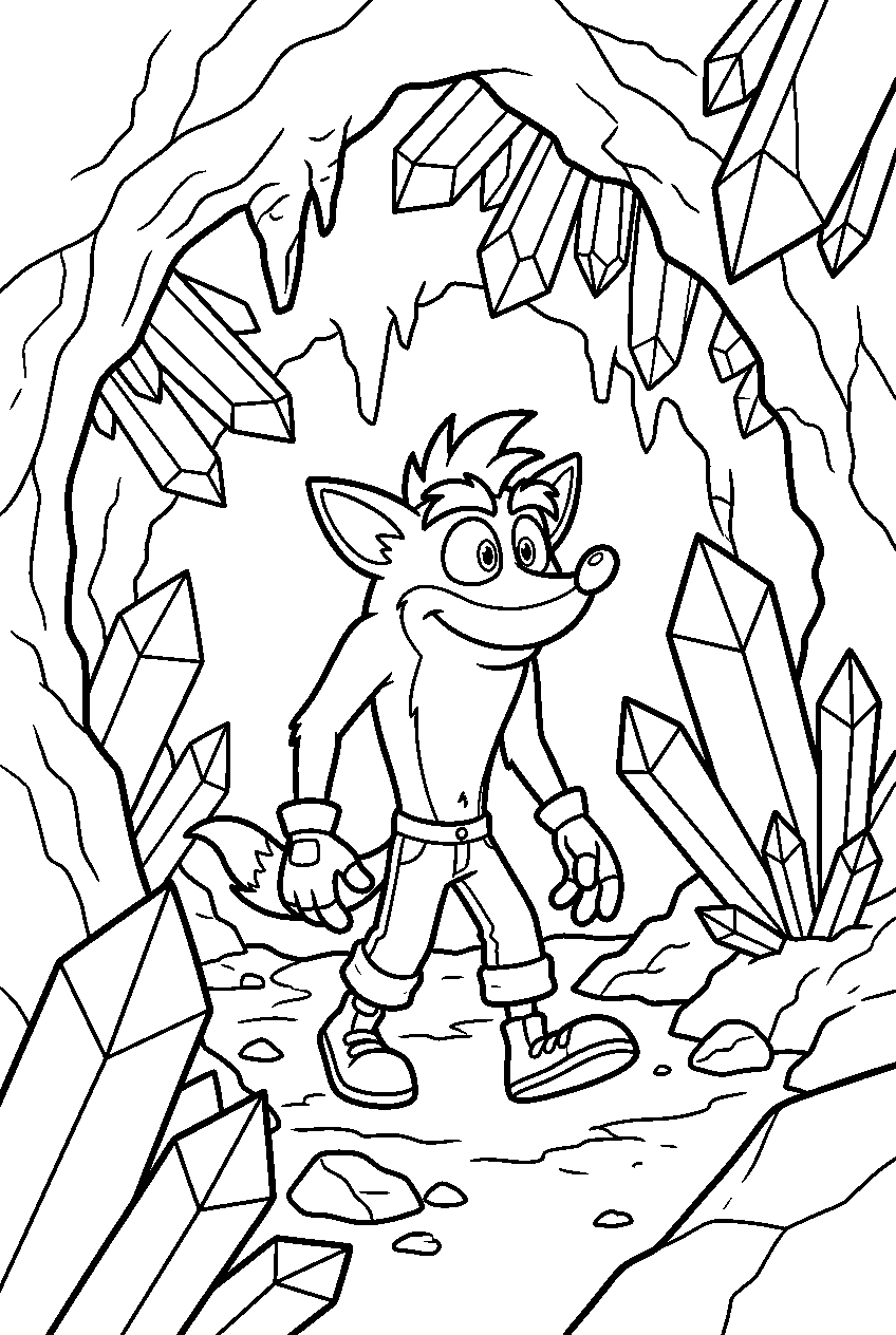 crash bandicoot looking around inside crystal cave line art