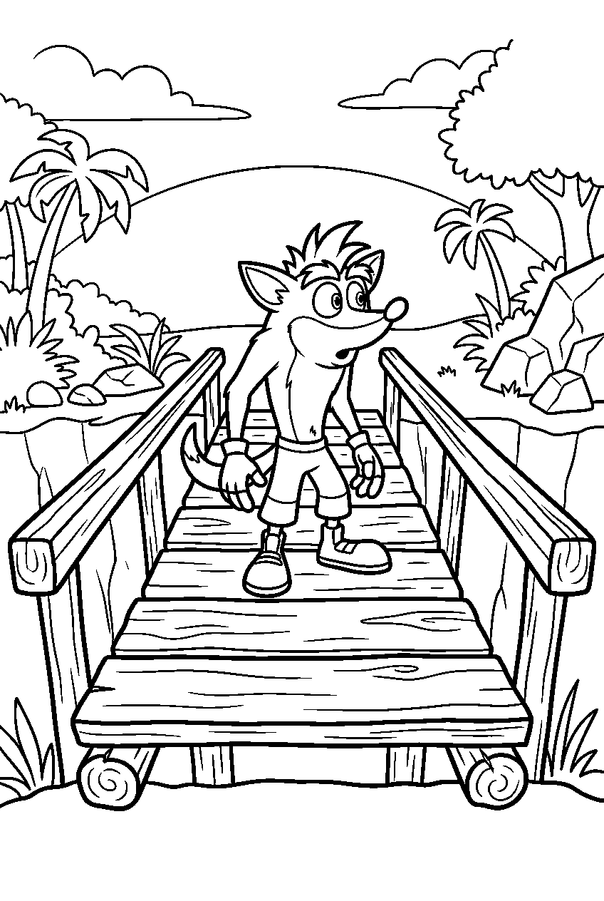crash bandicoot looking around on wooden bridge line art