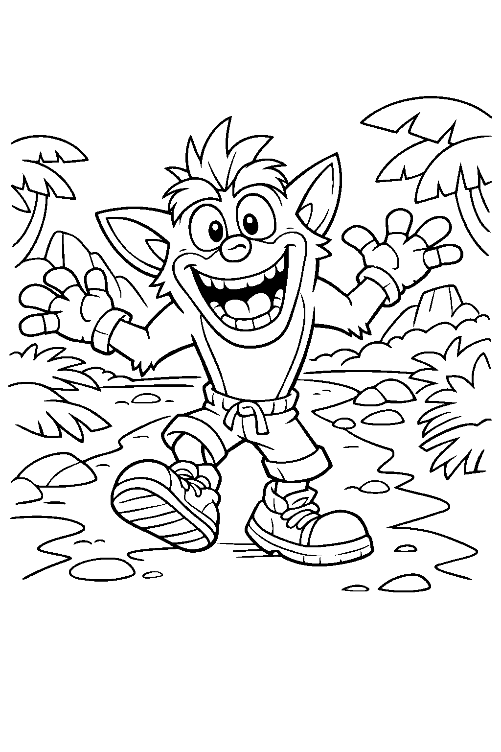 crash bandicoot looking excited on a simple jungle path line art