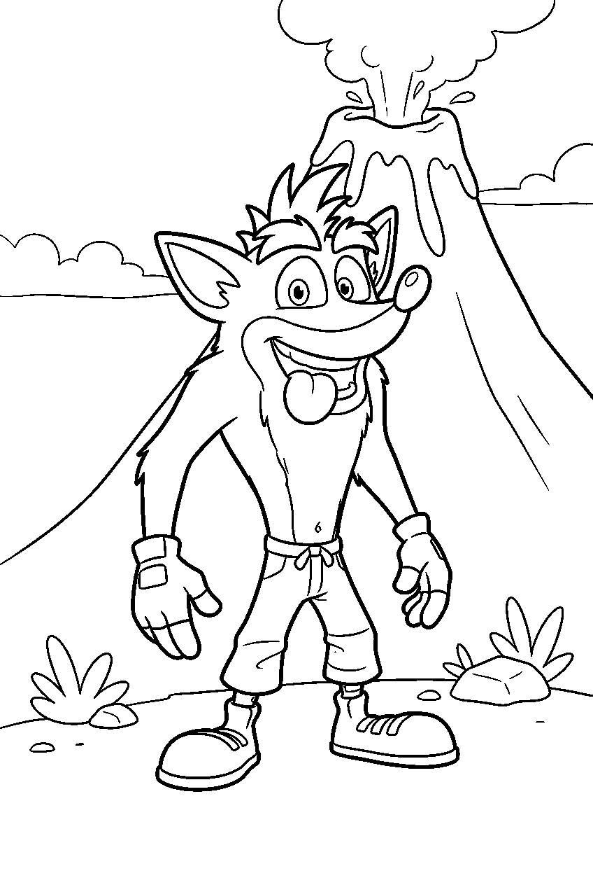 crash bandicoot near volcano line art