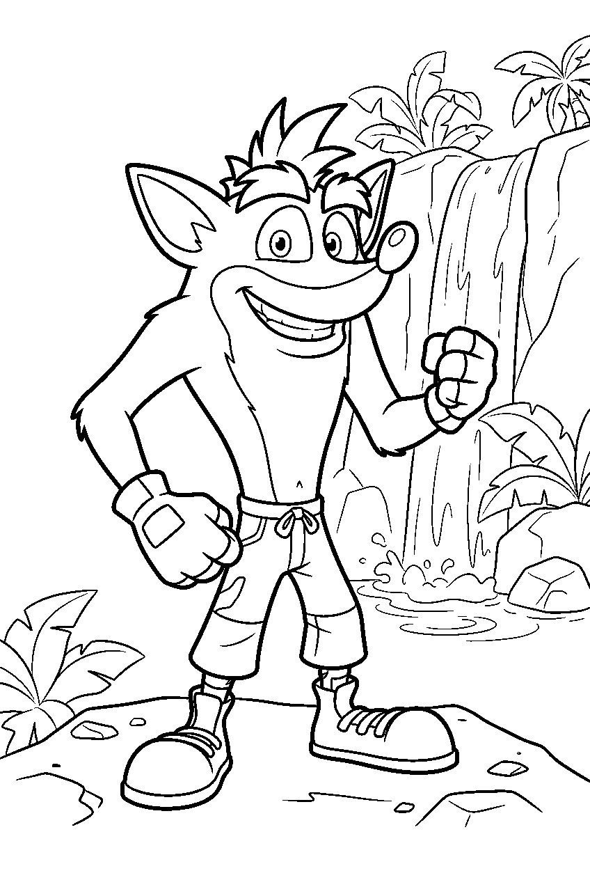 crash bandicoot near waterfall line art