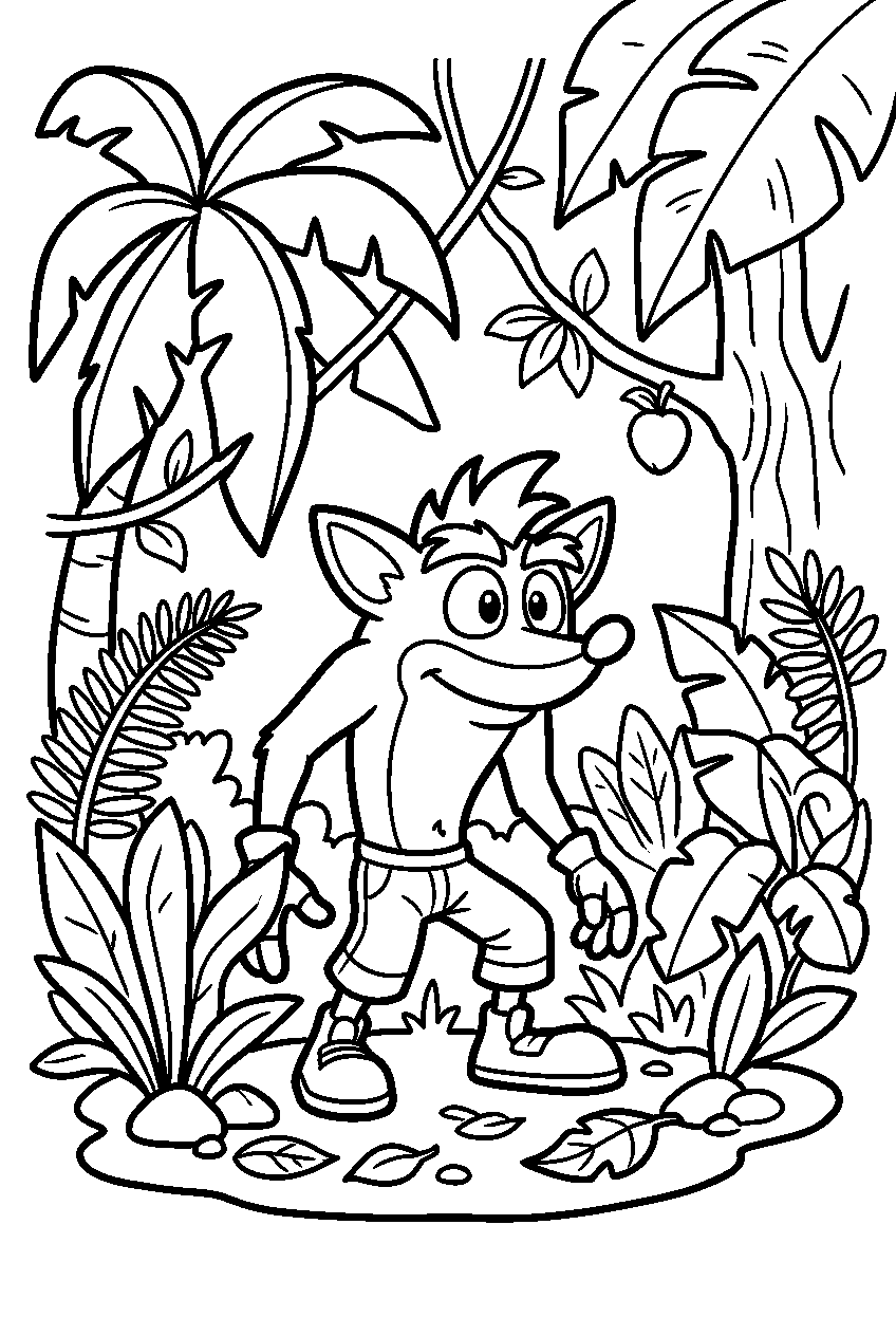 crash bandicoot observing in tropical rainforest line art