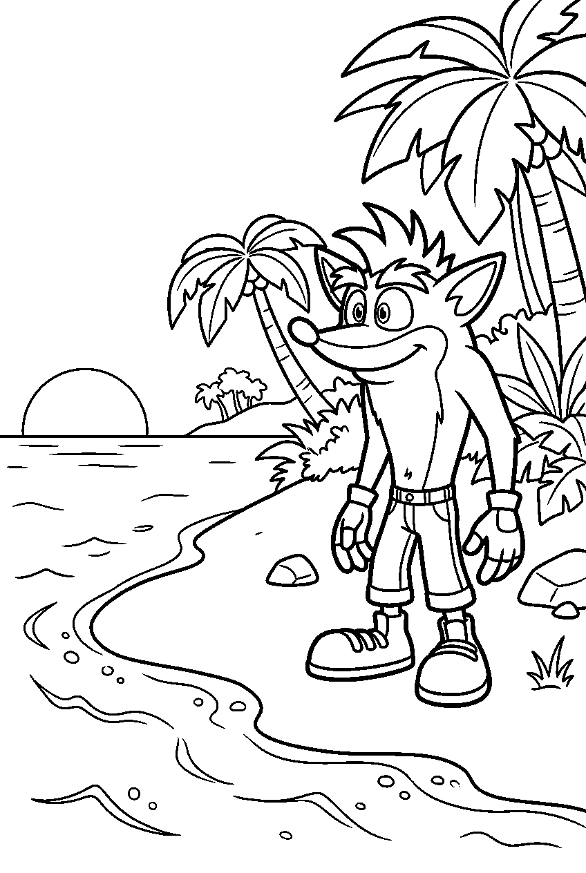 crash bandicoot observing on island shoreline line art