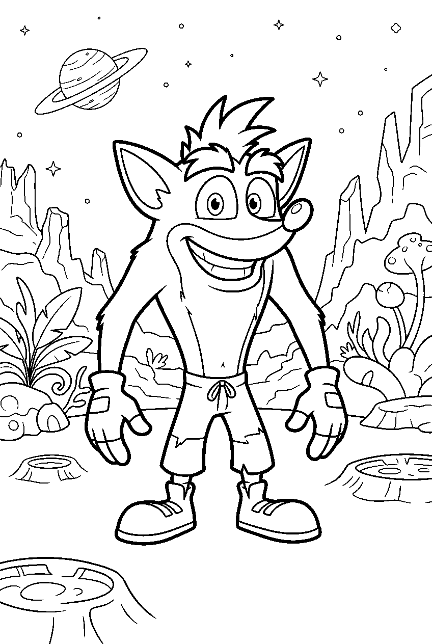 crash bandicoot on alien planet line art