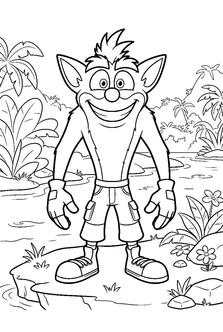 crash bandicoot on riverbank line art