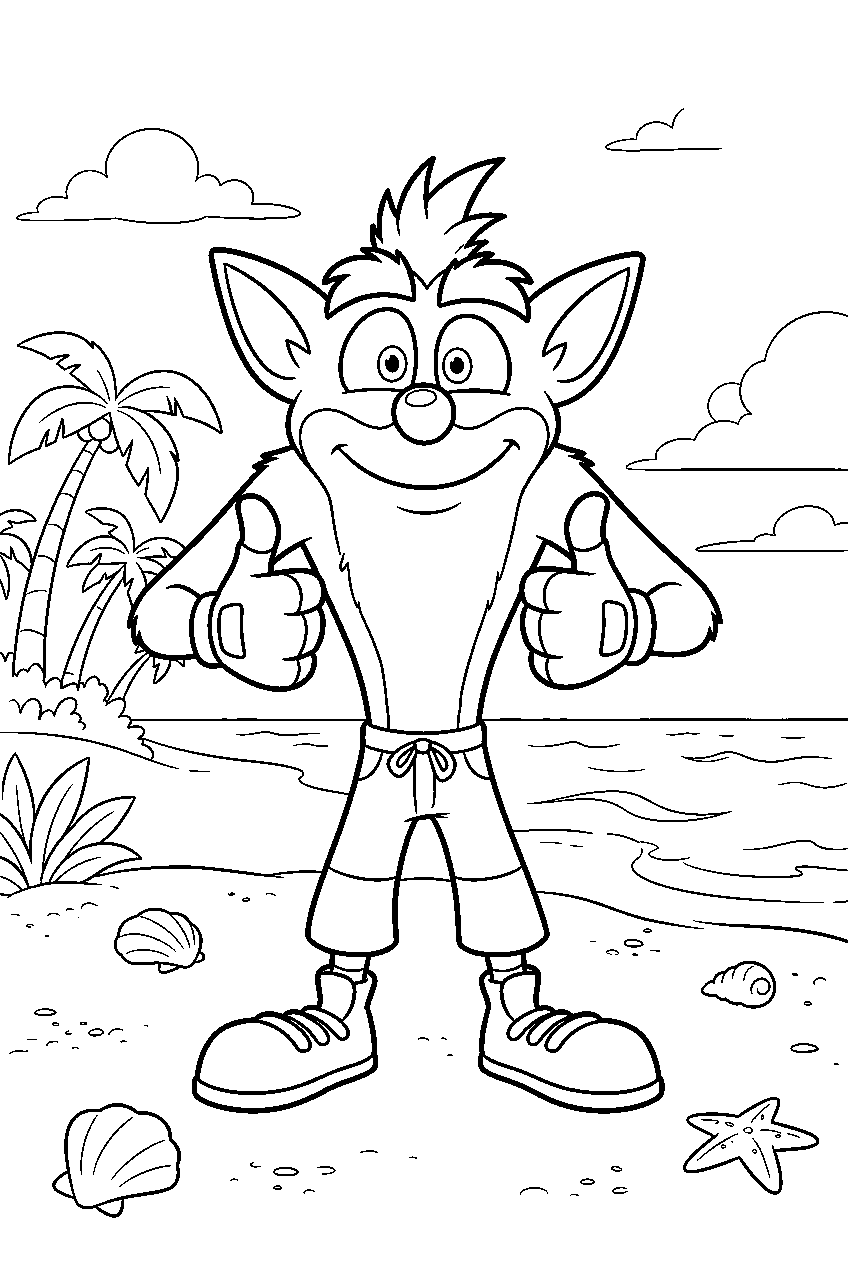 crash bandicoot on tropical beach line art