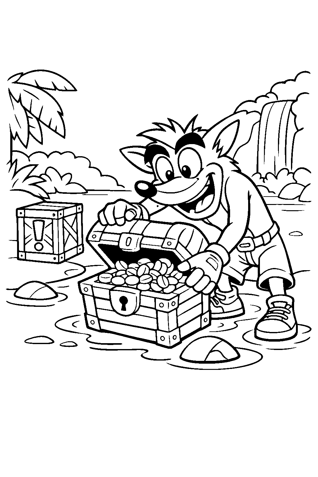crash bandicoot opening treasure chest in a river jungle line art