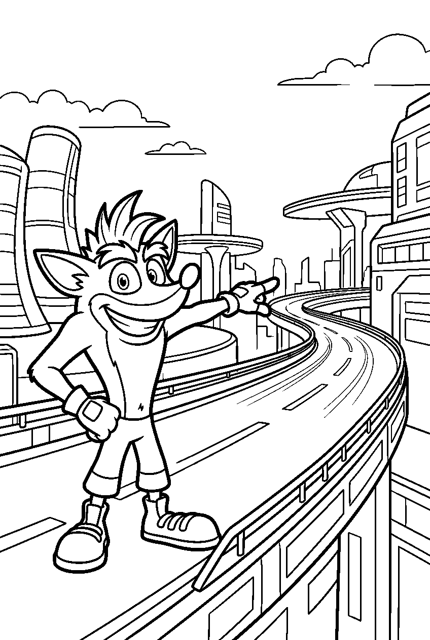 crash bandicoot pointing in futuristic highway line art