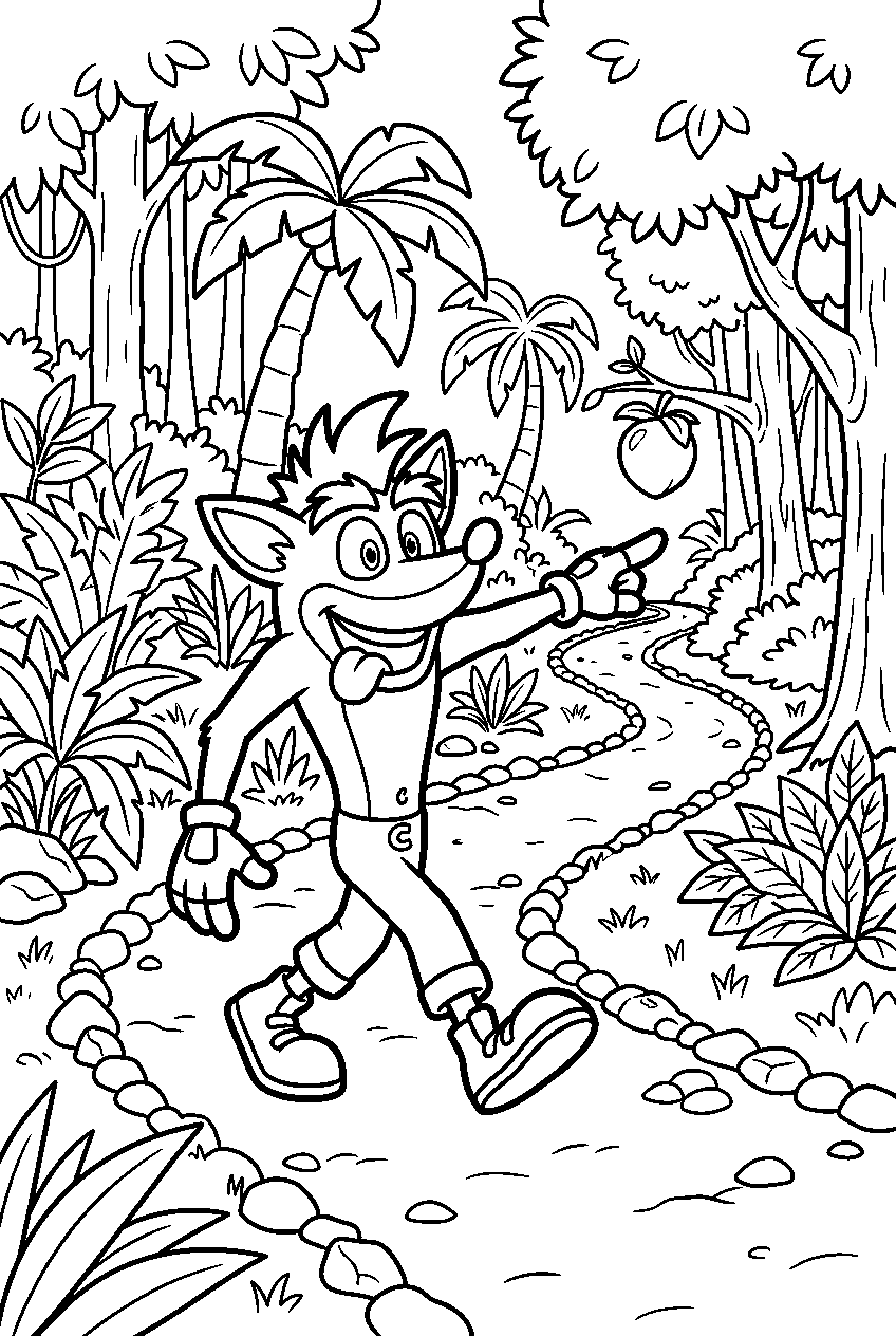 crash bandicoot pointing in jungle pathway line art