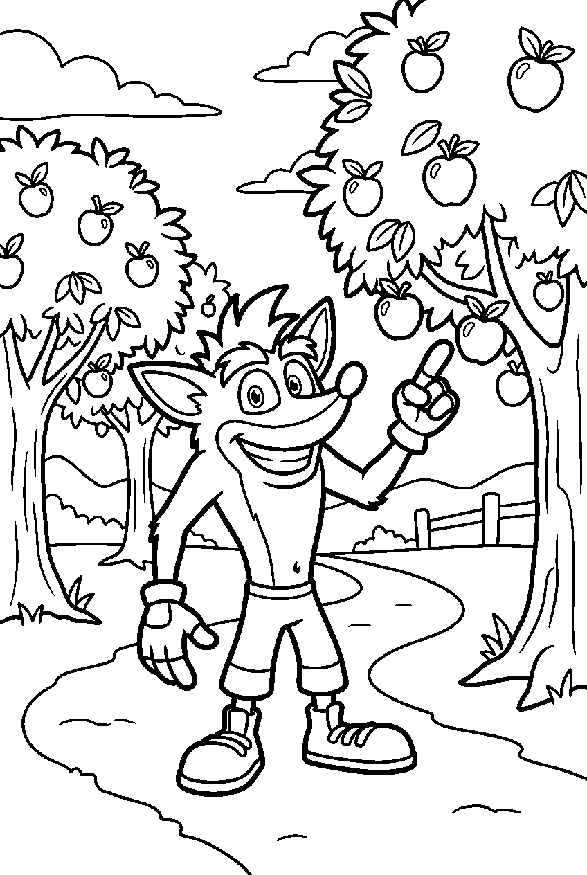 crash bandicoot pointing in wumpa fruit orchard line art