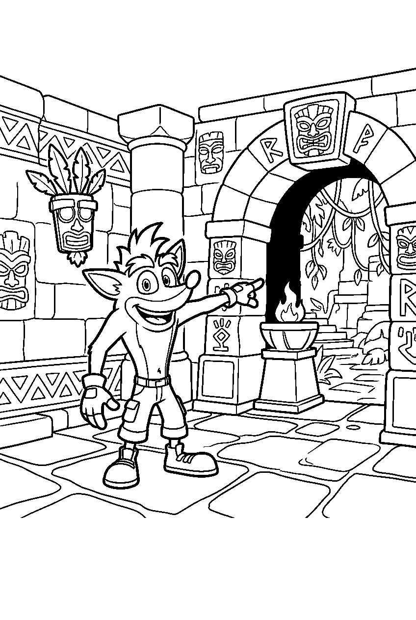crash bandicoot pointing inside ancient temple line art