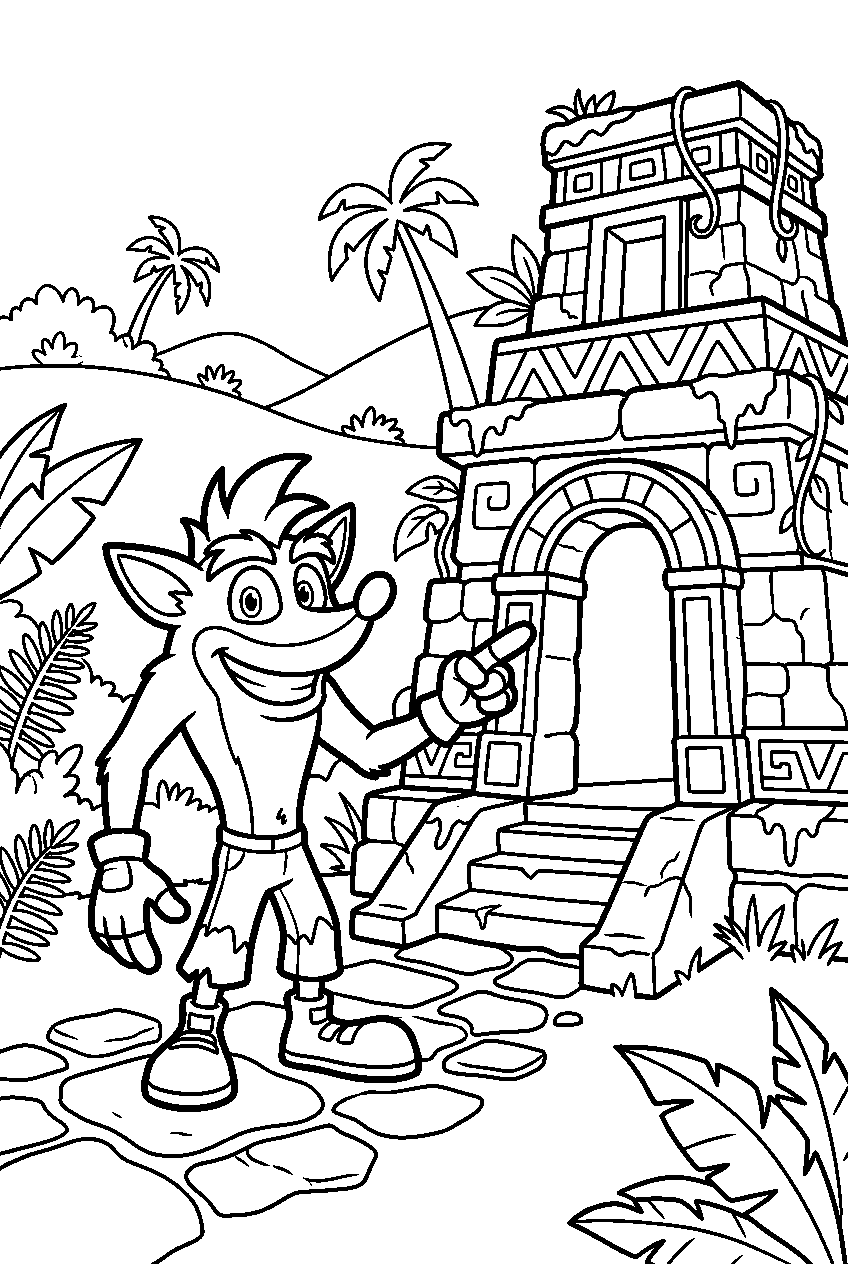 crash bandicoot pointing near ancient temple ruins line art