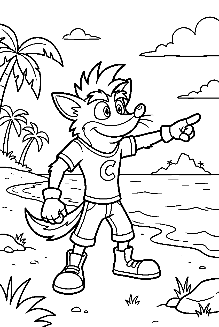 crash bandicoot pointing on island shoreline line art