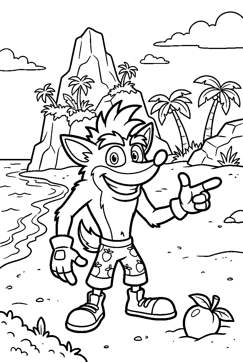 crash bandicoot pointing on n sanity island beach line art