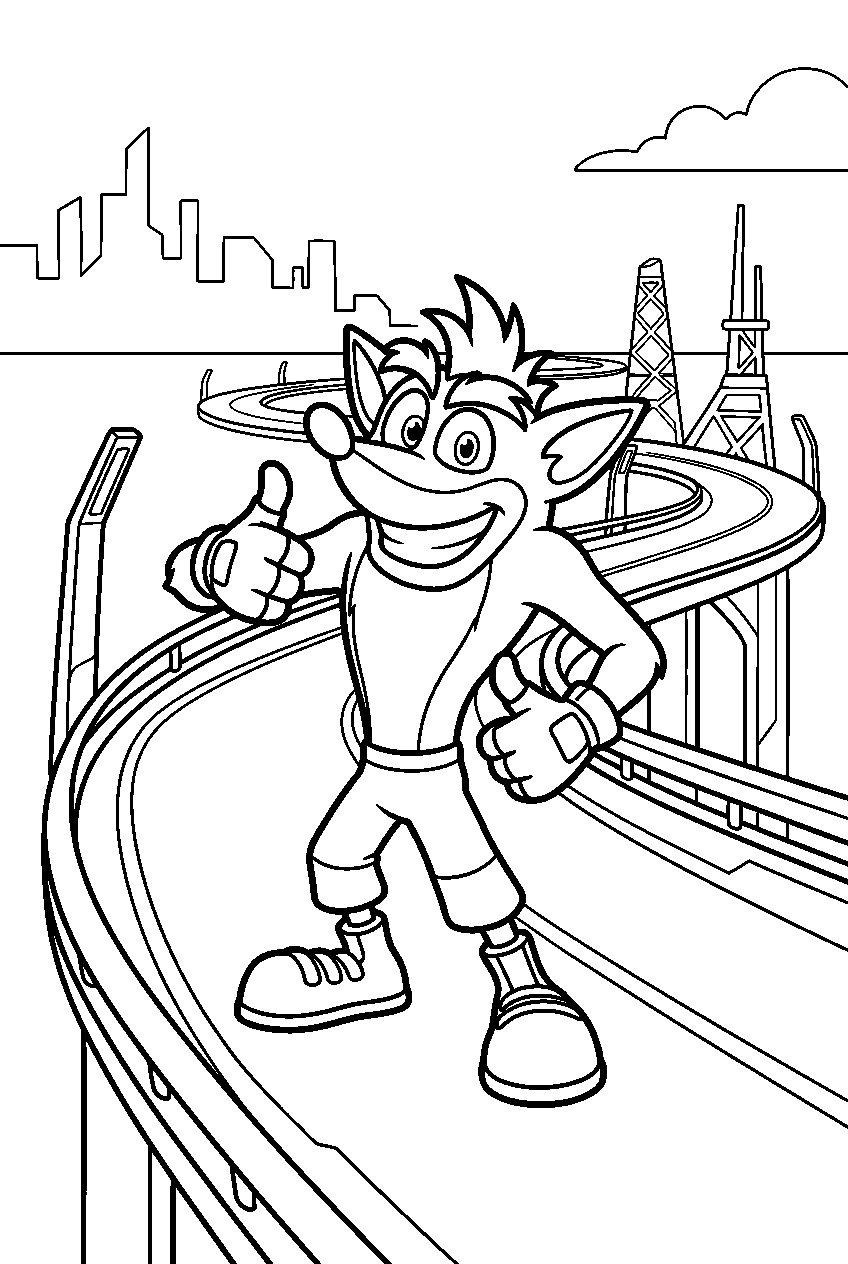 crash bandicoot posing in futuristic highway line art