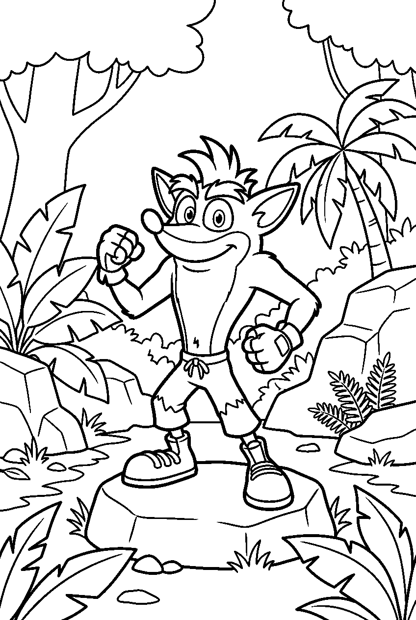 crash bandicoot posing in prehistoric jungle line art