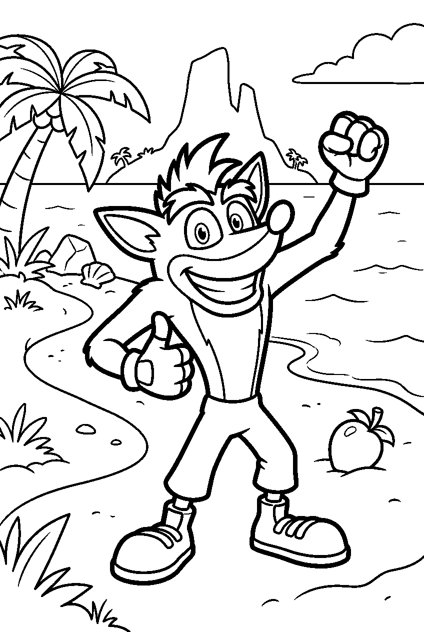 crash bandicoot posing on n sanity island beach line art
