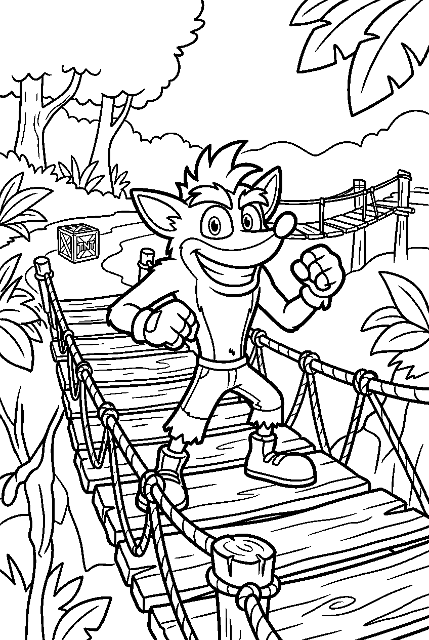 crash bandicoot posing on wooden bridge line art