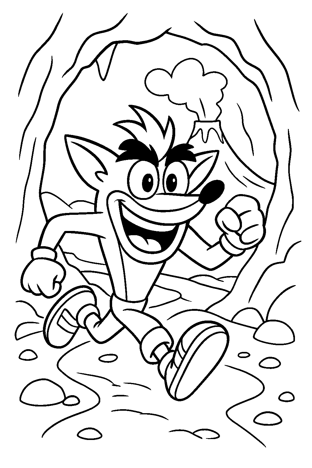 crash bandicoot racing forward in a volcanic cave line art
