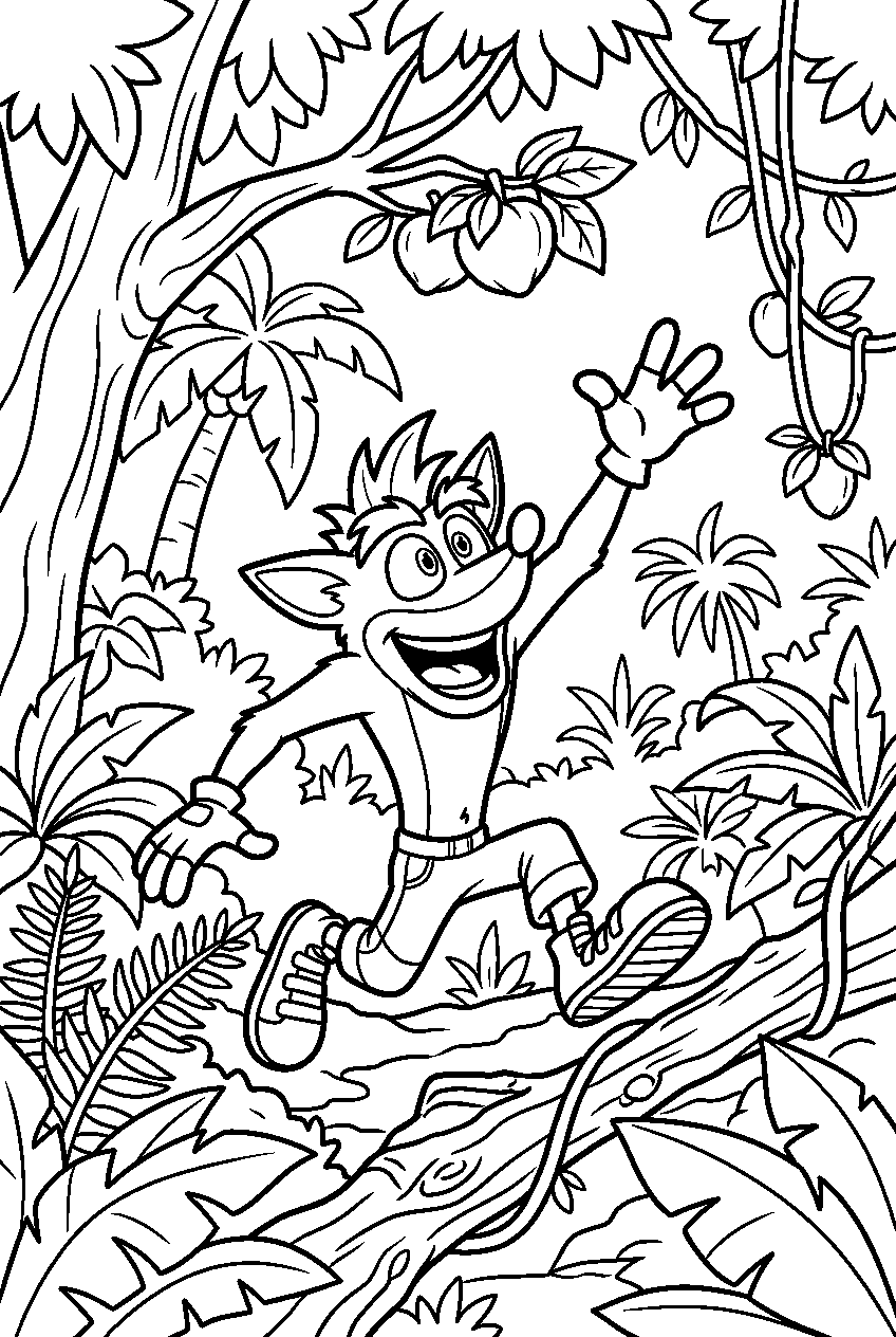 crash bandicoot reaching in tropical rainforest line art