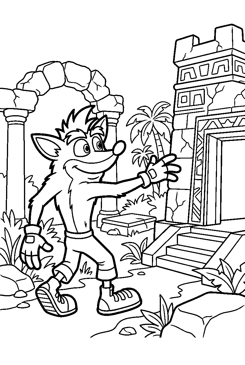 crash bandicoot reaching near ancient temple ruins line art
