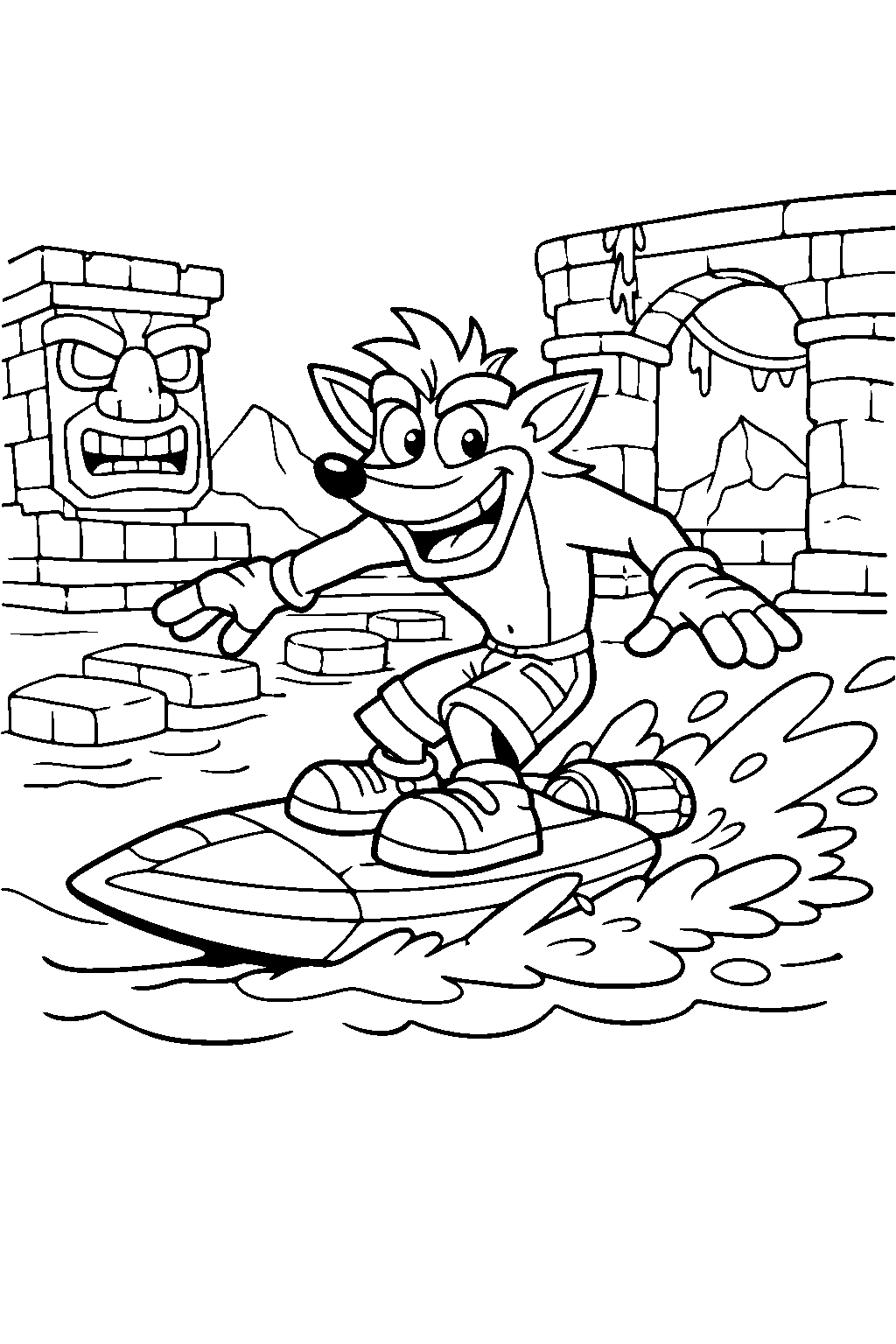 crash bandicoot riding a jet board over water in an ancient temple line art