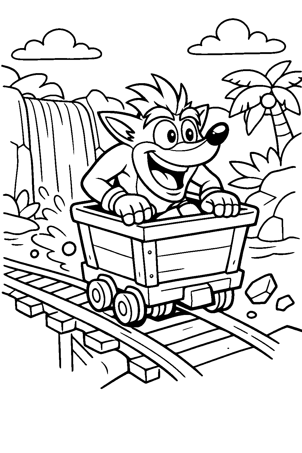 crash bandicoot riding a mine cart at a jungle waterfall line art