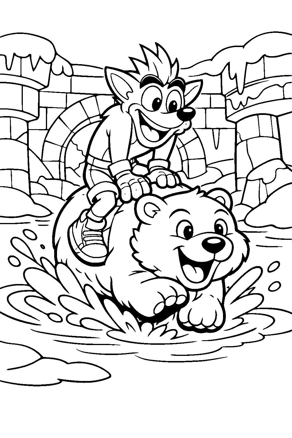 crash bandicoot riding polar across snow inside flooded ruins halls line art
