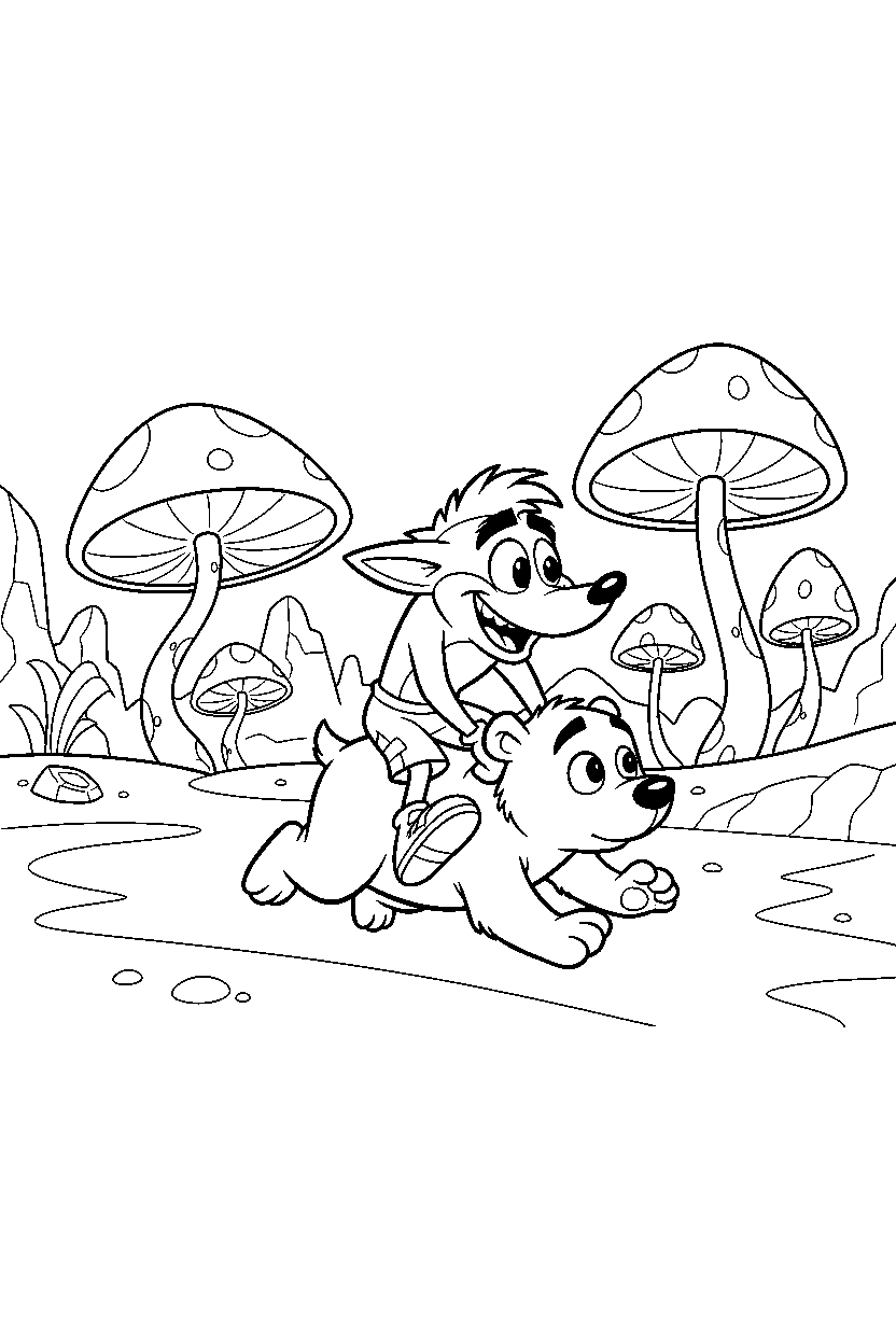 crash bandicoot riding polar on an alien planet line art