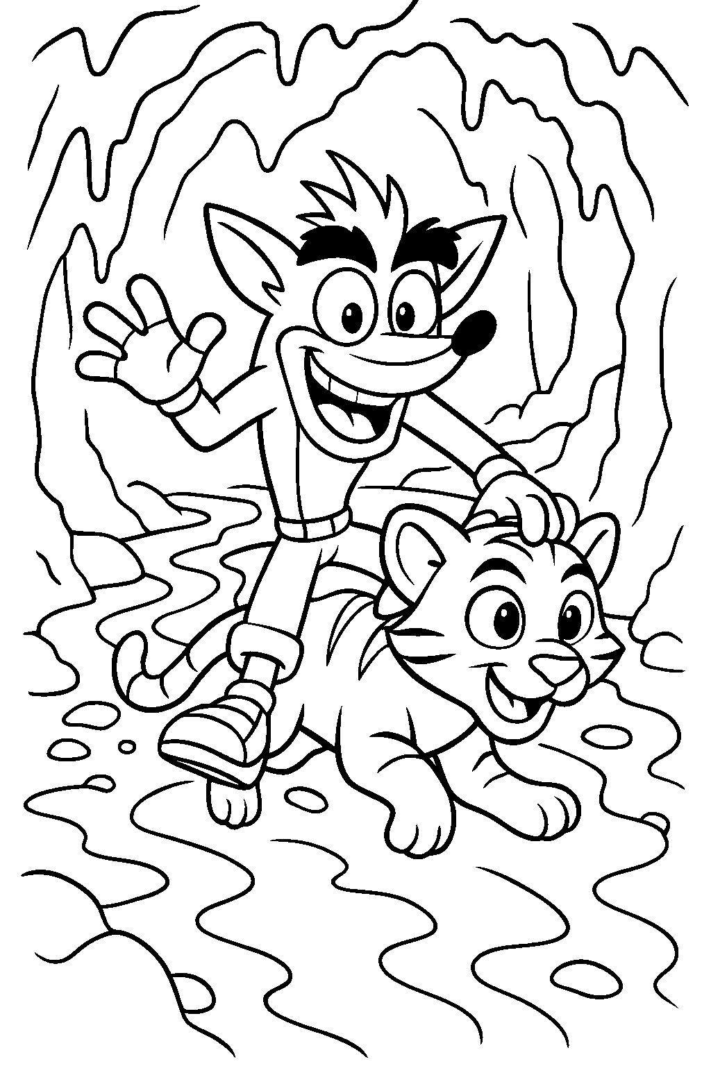 crash bandicoot riding pura through a trail in a molten cave chamber line art