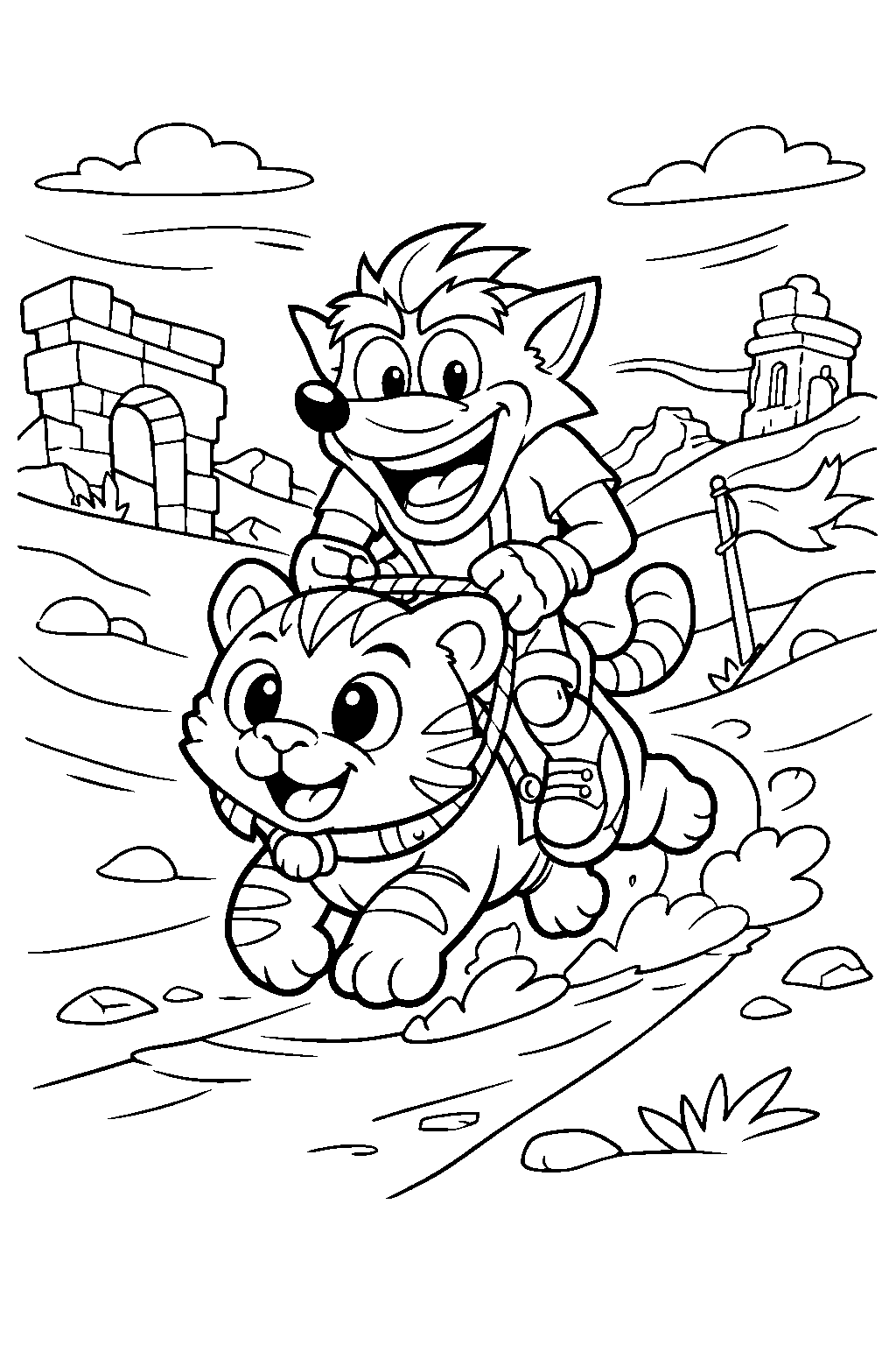 crash bandicoot riding pura through a trail in wind swept desert ruins line art