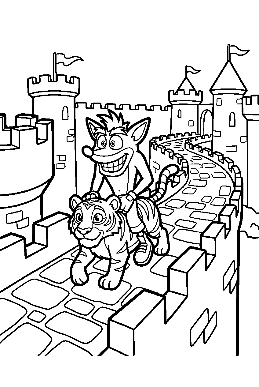 crash bandicoot riding pura through a trail on castle rooftops line art