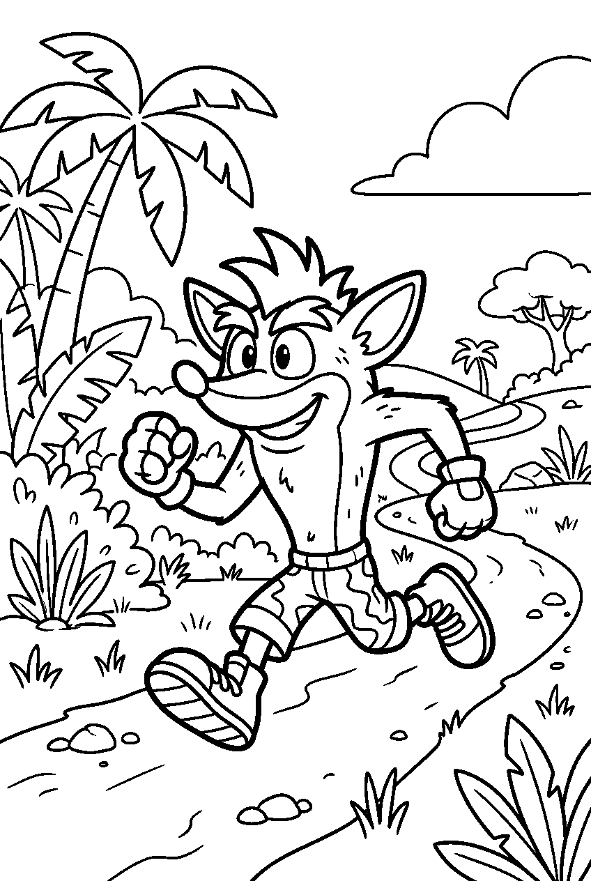 crash bandicoot running in tropical rainforest line art