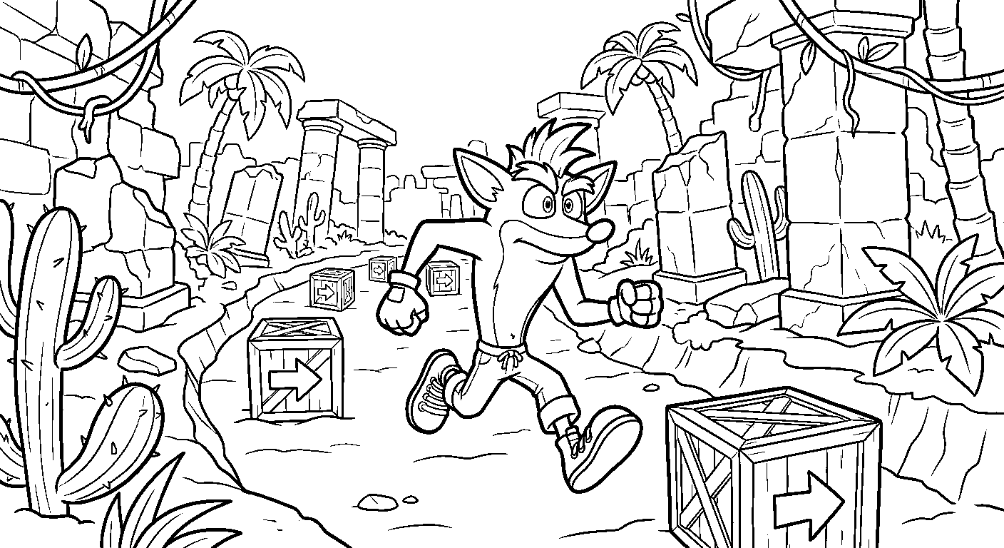 crash bandicoot running jungle desert ruins line art