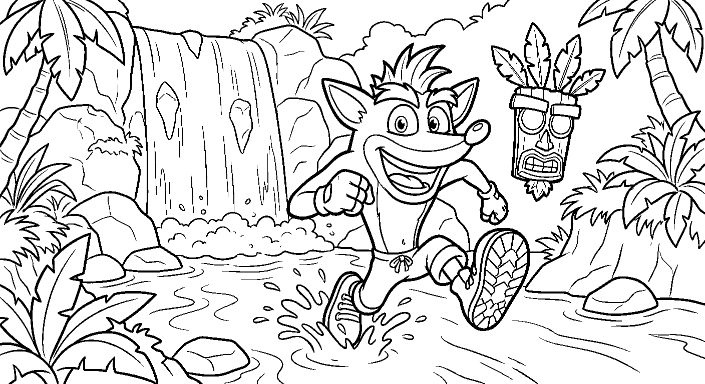 crash bandicoot running jungle river waterfall area line art