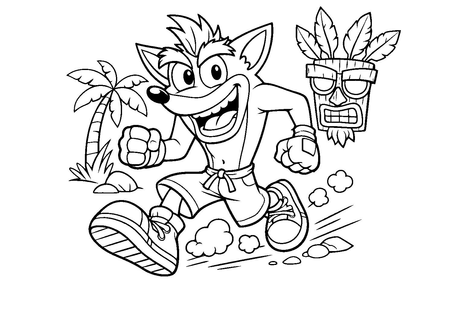 crash bandicoot running on tropical island line art