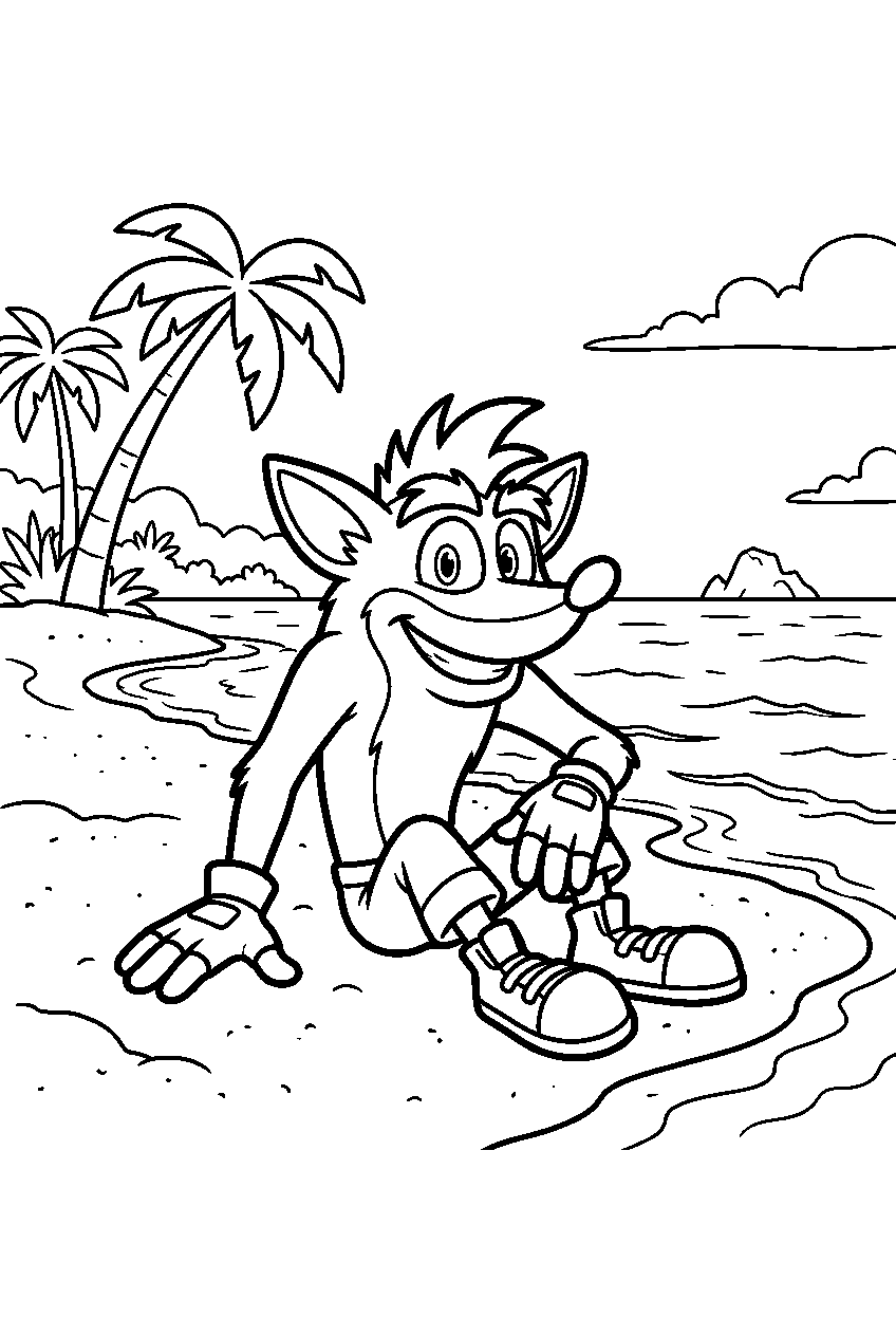crash bandicoot sitting on island shoreline line art