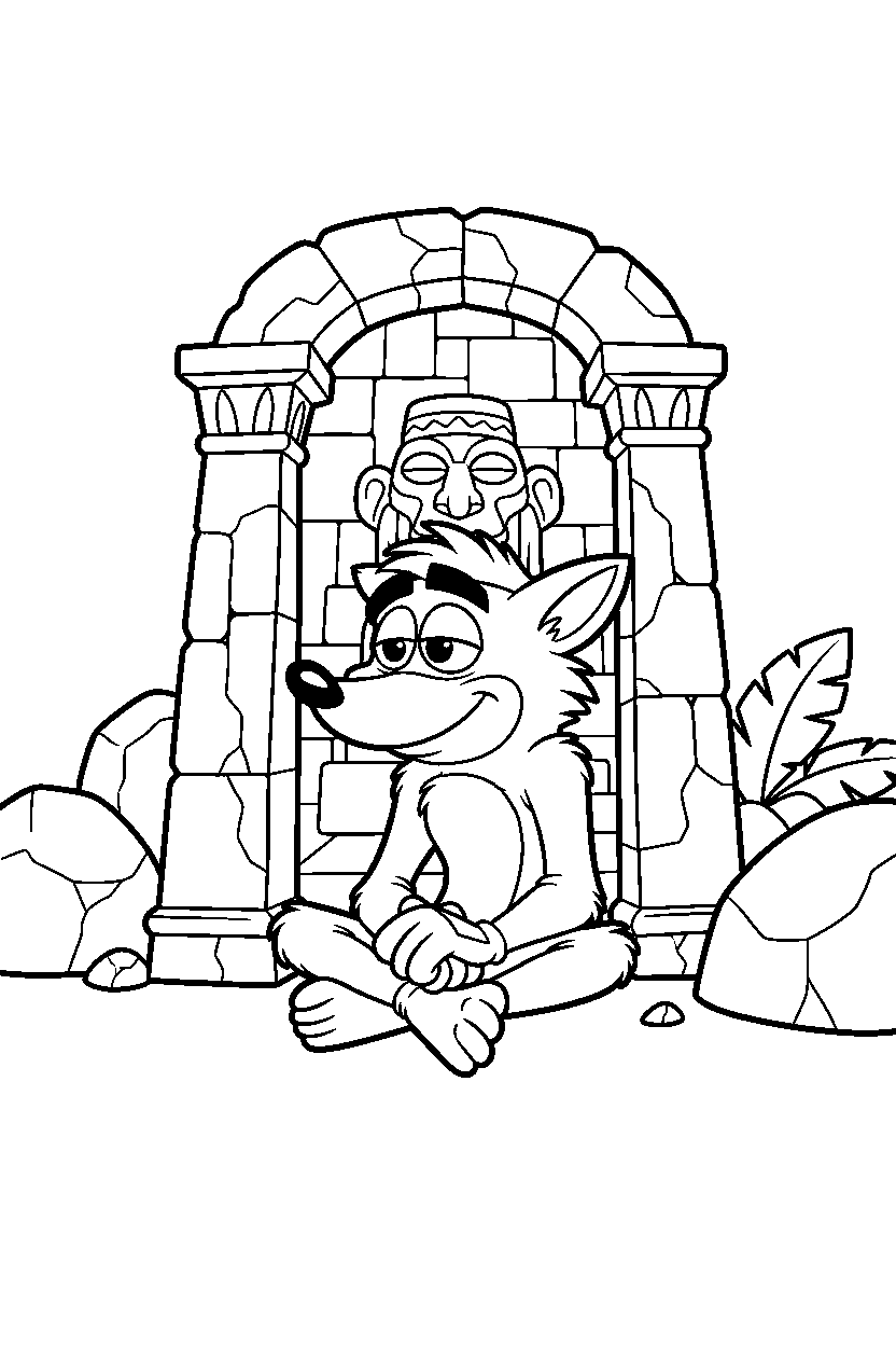 crash bandicoot sitting peacefully inside a stone temple line art